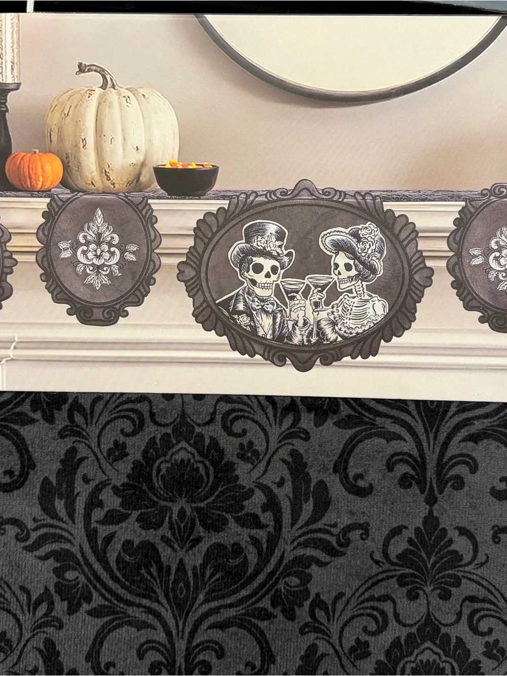 Halloween Mantel Scarf Skeletons Cocktails Embroidered Velvet by Madame Bones